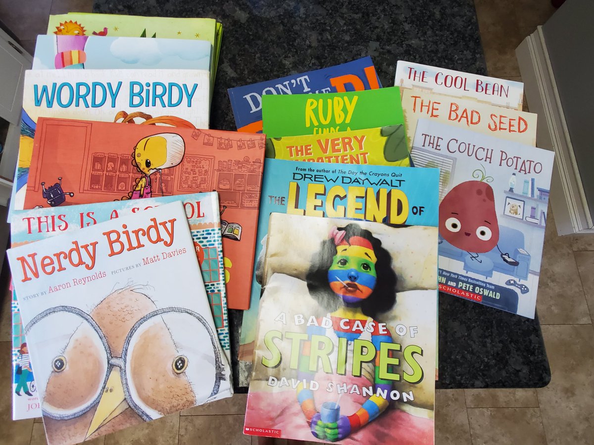 SweatherlyYMS's tweet photo. When you raid your 2nd grader &amp; 4th grader's bookshelf to find books to read your MS students during the first week b/c picture books absolutely have a place in MS.  #ymsreads #readeveryday https://t.co/e6WRi8vlBo