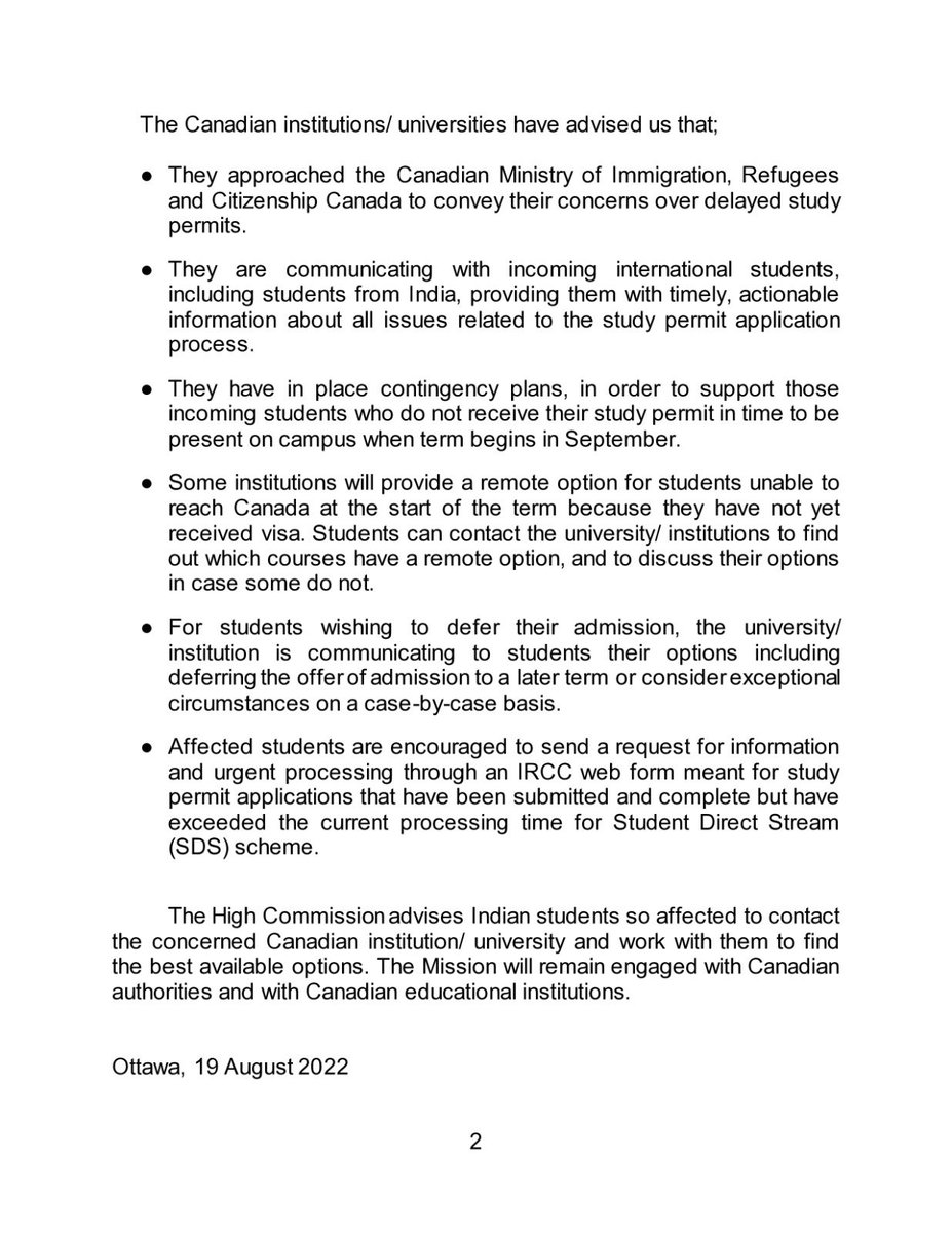 India in Canada on Twitter: "Please see our advisory for Indian students enrolled in Canadian universities and colleges whose visa applications have been delayed. @MEAIndia @IndianDiplomacy @cgivancouver @IndiainToronto @meaMADAD https://t.co ...