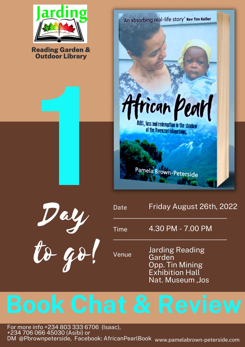 This Friday we will be hosting Pamela Brown Peterside in Jarding Reading Garden to review and discuss her book the 'African Pearl',  join us as we journey into her rich, life-changing Ugandan adventure.
If you’re in Jos, please join us!
#JardingReadingGarden #OutdoorLibrary