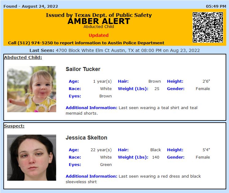 TX_Alerts's tweet photo. DISCONTINUED AMBER ALERT for Sailor Elizabeth Tucker from Austin, TX, on 08/24/2022 https://t.co/QwrY04R4nQ