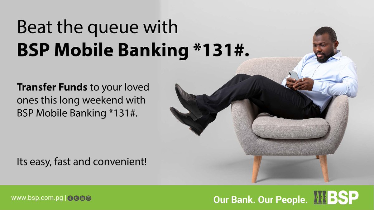 BSPPacific's tweet photo. BSP PNG| Why go to the branch to send money when you can transfer funds via BSP Mobile Banking *131# for only a 50t service fee?
#ItsSmartBanking #Beatthequeue #BSPMobileBanking https://t.co/cNZVCWu76U