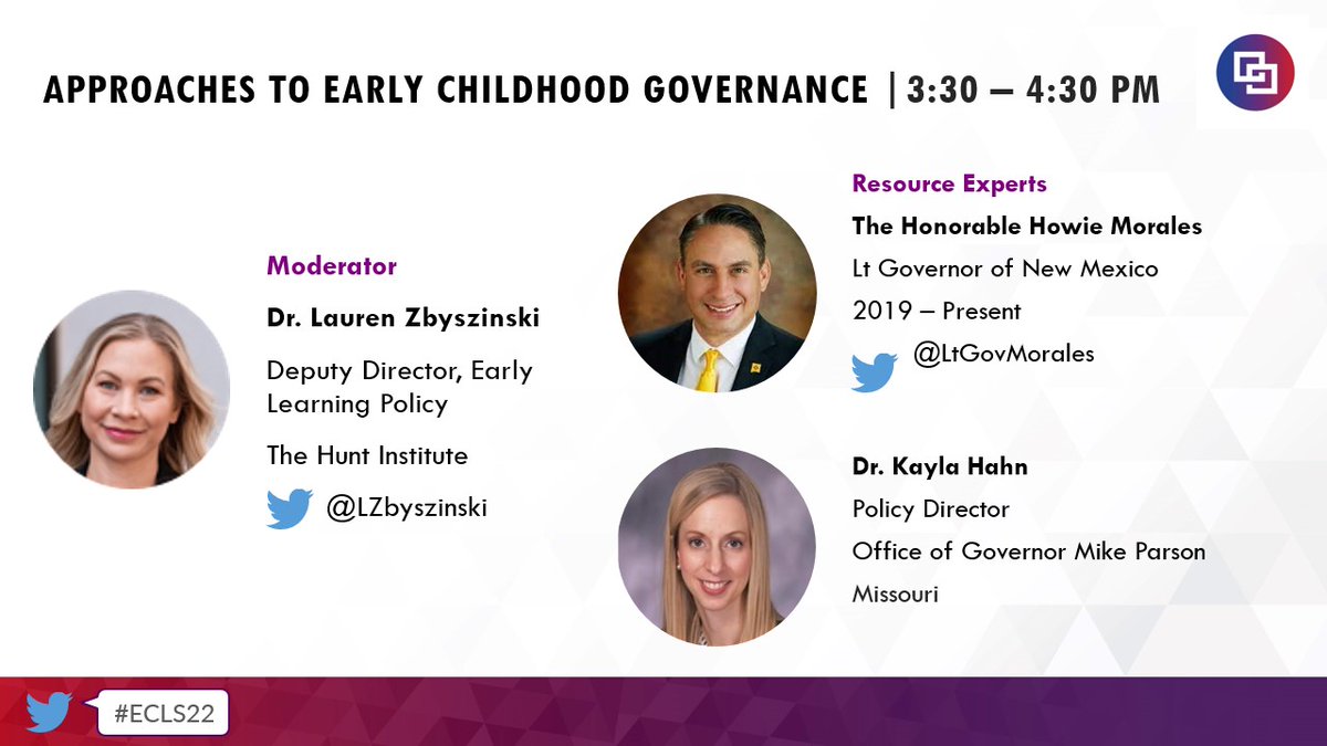 Now our own <a href="/LZbyszinski/">Dr. Lauren Zbyszinski</a> sits down with <a href="/LtGovMorales/">Lt. Governor Howie Morales</a> and Dr. Kayla Hahn to discuss how states can create and sustain strong #EarlyChildhood governance structures, based on their own experiences with recent initiatives in each of their states #ECLS22 <a href="/HuntEarlyEd/">The Hunt Institute - Early Childhood</a>