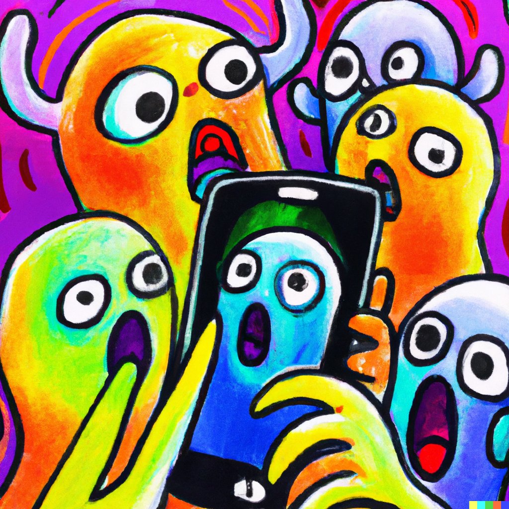 OlearyCONNECT's tweet photo. "A group of aliens are amazed by the latest iPhone in the style of Edvard Munch's The Scream" #dalle https://t.co/oGBaCHyHt4