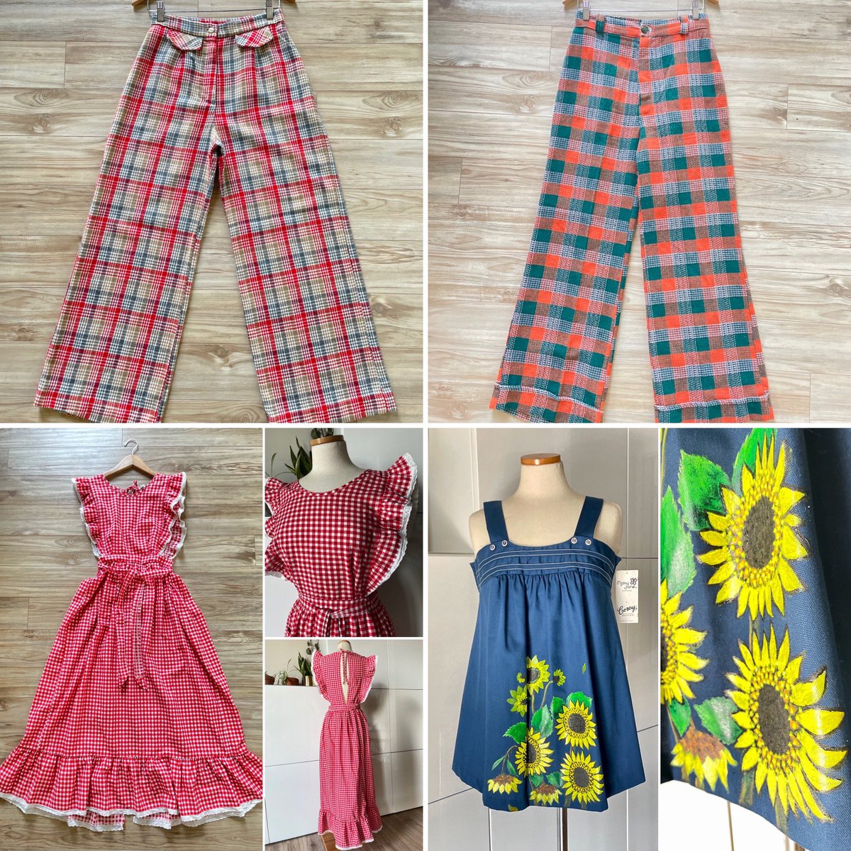IAmAHighwayStar's tweet photo. Fresh drop at Highway Star Vintage! Wool blend plaid slacks, a cottage a.f. red gingham full length pinafore and a darling hand painted sunflower smock top. Shop link in bio. xo 

#vintage #vintageblog #fashionblog #highwaystarvintage https://t.co/1UvTsiexWm