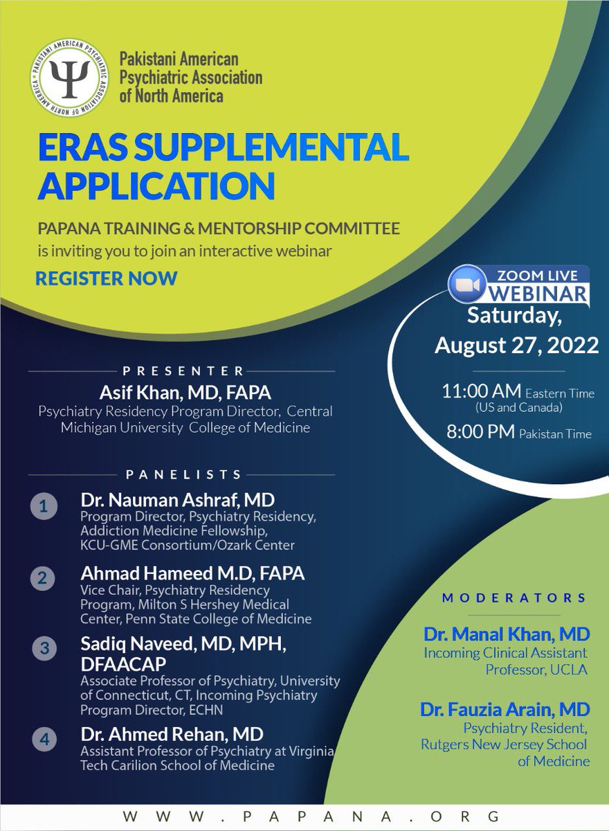arain_fauzia's tweet photo. ERAS SUPPLEMENTAL APPLICATION

PAPANA TRAINING &amp; interactive webinar on Saturday,  August 27, 2022
Time: US and Canada | 11:00 AM EST, 
8:00 PM Pakistan Time
Register TODAY: 
https://t.co/z4cFPt7Bre

#ERAS #supplementalapplication #erassupplementalapication #residency #psychiatr https://t.co/bGoRQ74P19