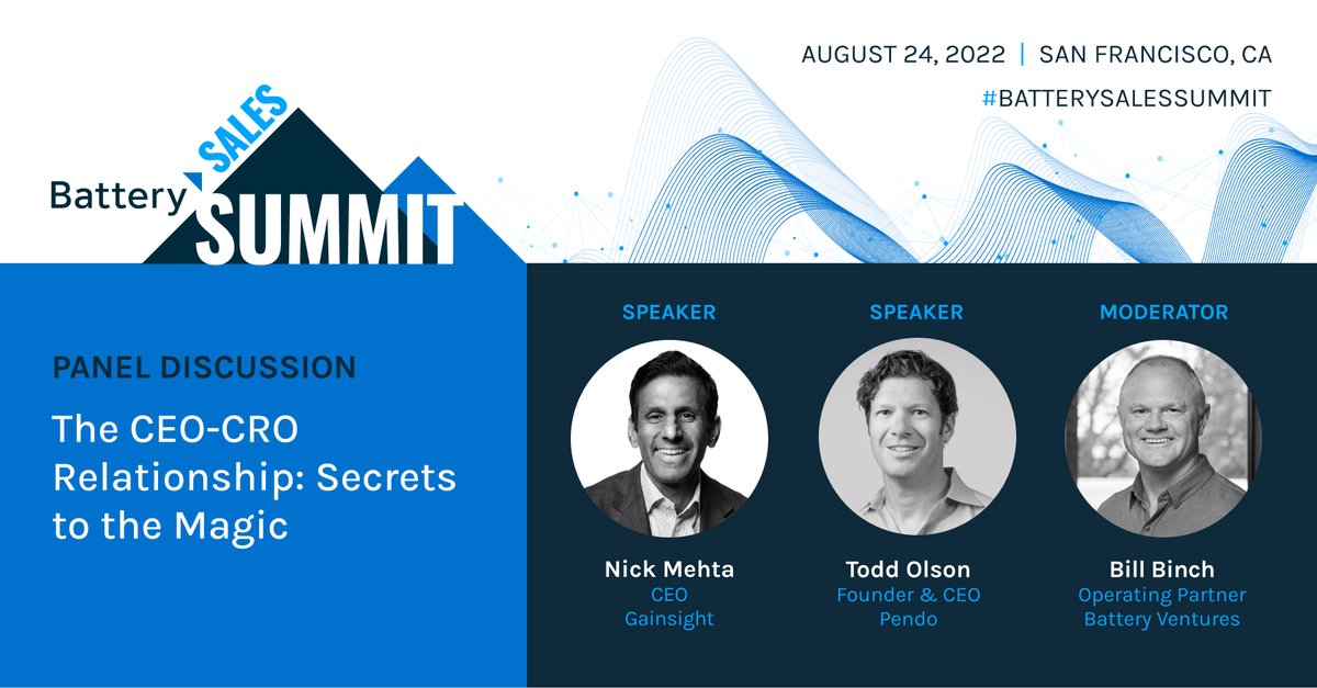 BatteryVentures's tweet photo. Closing out the panels at today��s #BatterySalesSummit, Nick Mehta (@nrmehta), CEO of @GainsightHQ, and Todd Olson (@tolson), CEO and founder of @pendoio, lay the groundwork for a successful CEO-CRO relationship in discussion with @BillBinch. https://t.co/iTD0nd6xoR