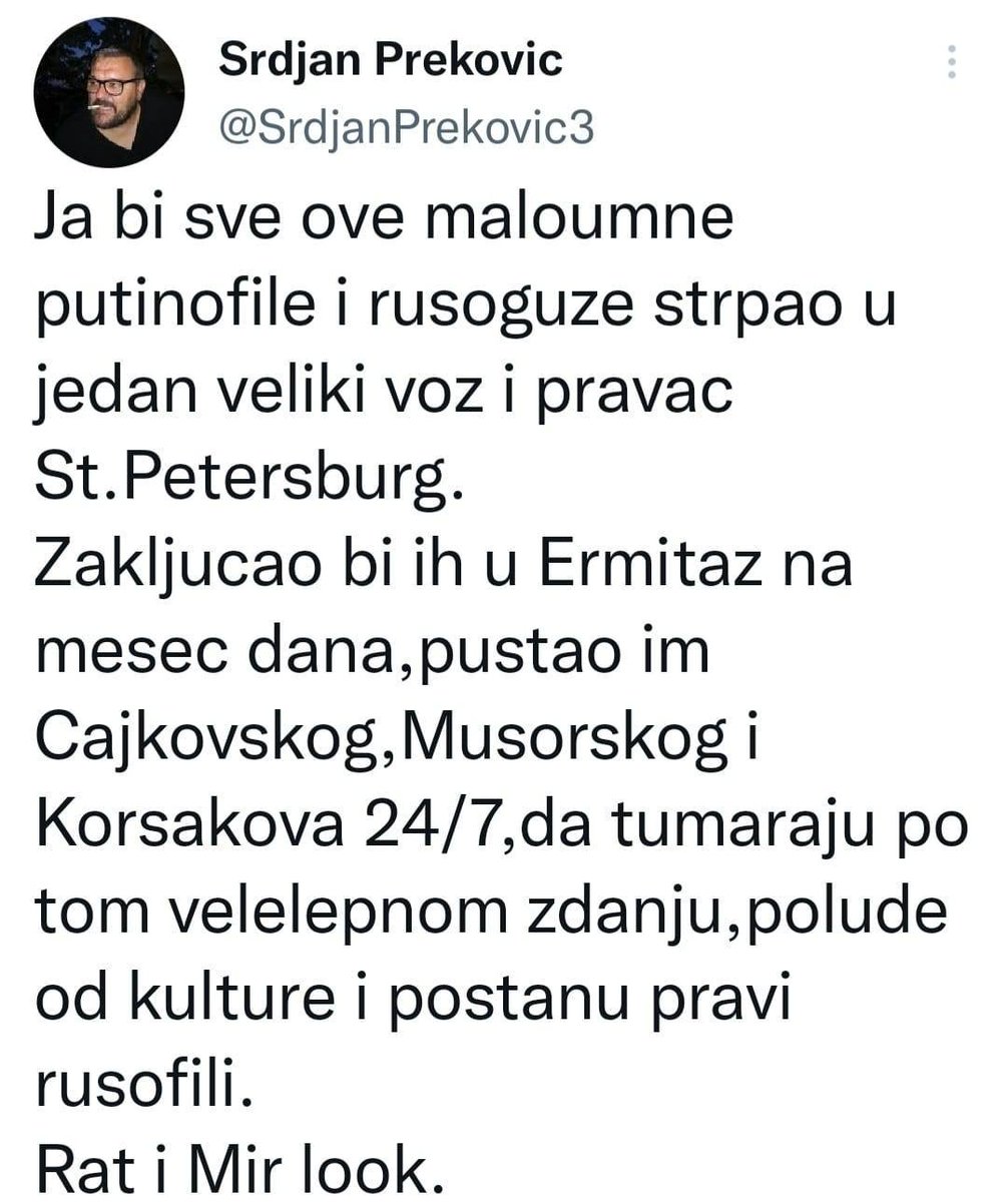 SrdjanPrekovic3's tweet photo. @sofi2022_2023 Koji crni RUSOFILI,oni su putinofili,rusoguzi,idioti.
Rusofili su dobri poznavaoci ruske istorije i kulture,a ovi misle da je  Cajkovski topli napitak, Jesenjin godisnje doba,a Labudovo Jezero neka bara u Banatu. https://t.co/C7NVvlO0QD