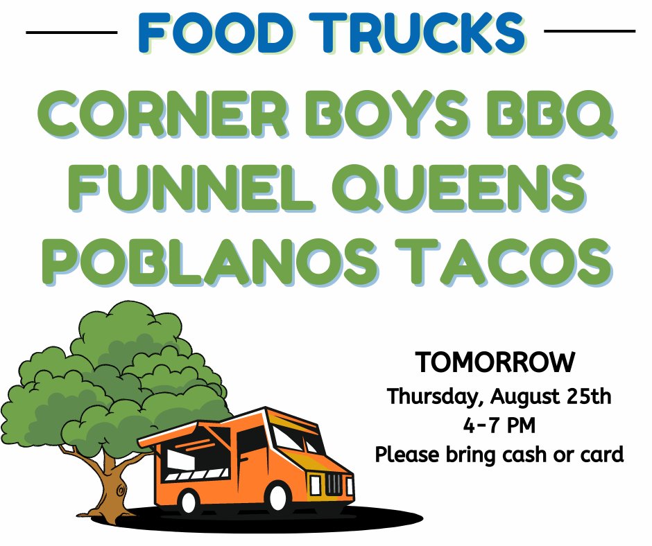 We're excited to have Corner Boys BBQ, Poblanos Tacos &amp; More, &amp; Funnel Queens serving up deliciousness during our Back to School Celebration from 4-7 PM tomorrow (8/25).  Can’t wait to see you there!  <a href="/cornerboysbbq/">Corner Boys BBQ</a> <a href="/poblanostacos/">Poblanos Tacos</a> <a href="/FunnelQueens/">Funnel Queens</a>