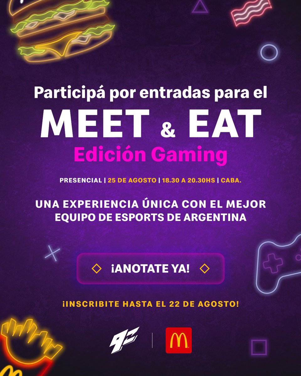 9zTeam's tweet photo. ¡VENI A CELEBRAR A EL CUMPLEAÑOS CON NOSOTROS!

Vamos a estar sorteando 12 entradas para nuestro evento junto a @McDonalds_Ar mañana en CABA.

Requisitos:
🔸 Seguir a @9zTeam y @McDonalds_Ar.
🔸 Dar RT a la publicación.
🔸 Arrobar a un amigo.

#TodoVioleta 💜 https://t.co/5TreZxdiGB