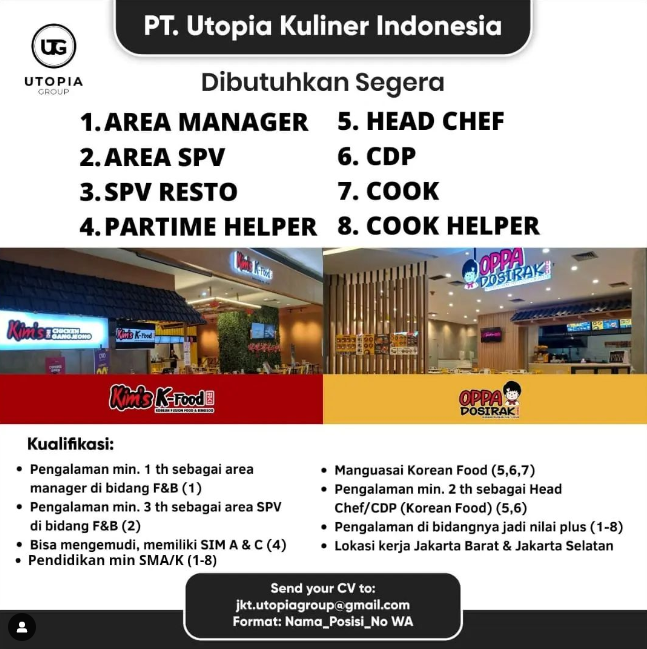 jktfes's tweet photo. PT Utopia Kuliner Indonesia

1. Area Manager
2. Area SPV
3. SPV Resto
4. Parttime Helper
5. Head Chef
6. CDP
7. Cook
8. Cook Helper https://t.co/LajAFqG8vn
