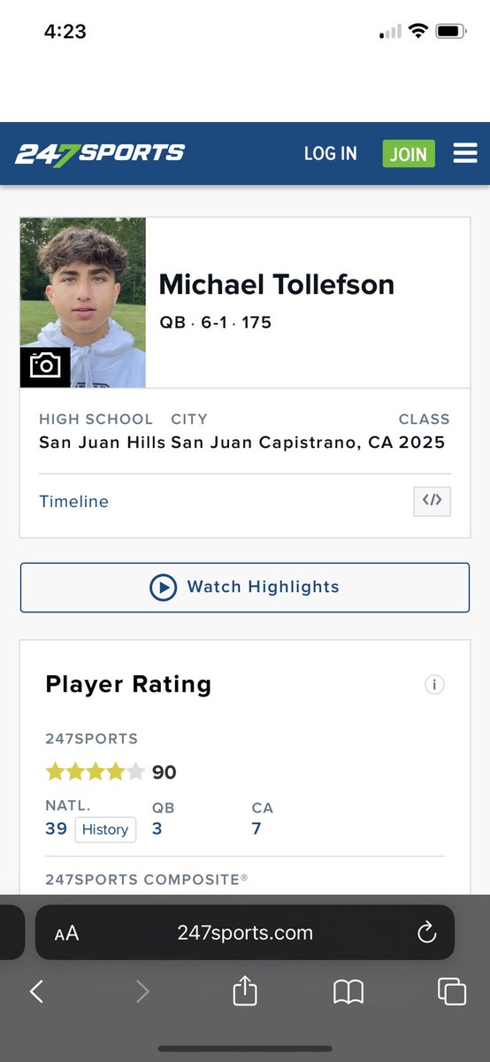 Humbled to be rated a 4 star by <a href="/247Sports/">247Sports</a> .. 39 player in the nation and #1 QB in California ⭐️⭐️⭐️⭐️