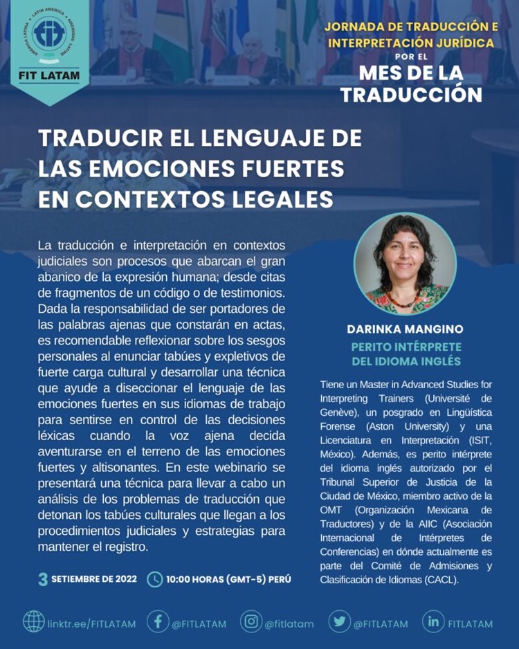 FITLATAM's tweet image. ✨Jornada de Traducción e Interpretación Jurídica✨

¡Inscripciones gratuitas!
lnkd.in/dhJF7pYb

8:00 h Costa Rica y Guatemala
9:00 h Perú, Ecuador y Colombia
10:00 h Chile, Cuba y Venezuela
11:00 h Argentina y Uruguay
