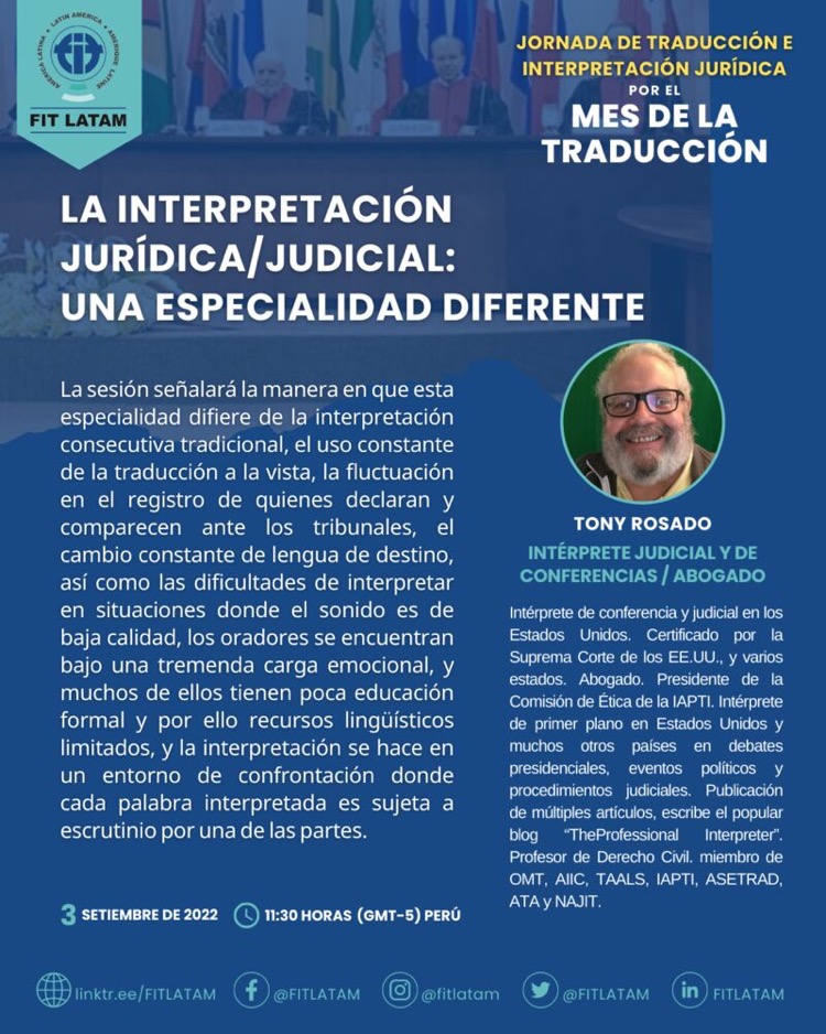 FITLATAM's tweet image. ✨Jornada de Traducción e Interpretación Jurídica✨

¡Inscripciones gratuitas!
lnkd.in/dhJF7pYb

8:00 h Costa Rica y Guatemala
9:00 h Perú, Ecuador y Colombia
10:00 h Chile, Cuba y Venezuela
11:00 h Argentina y Uruguay