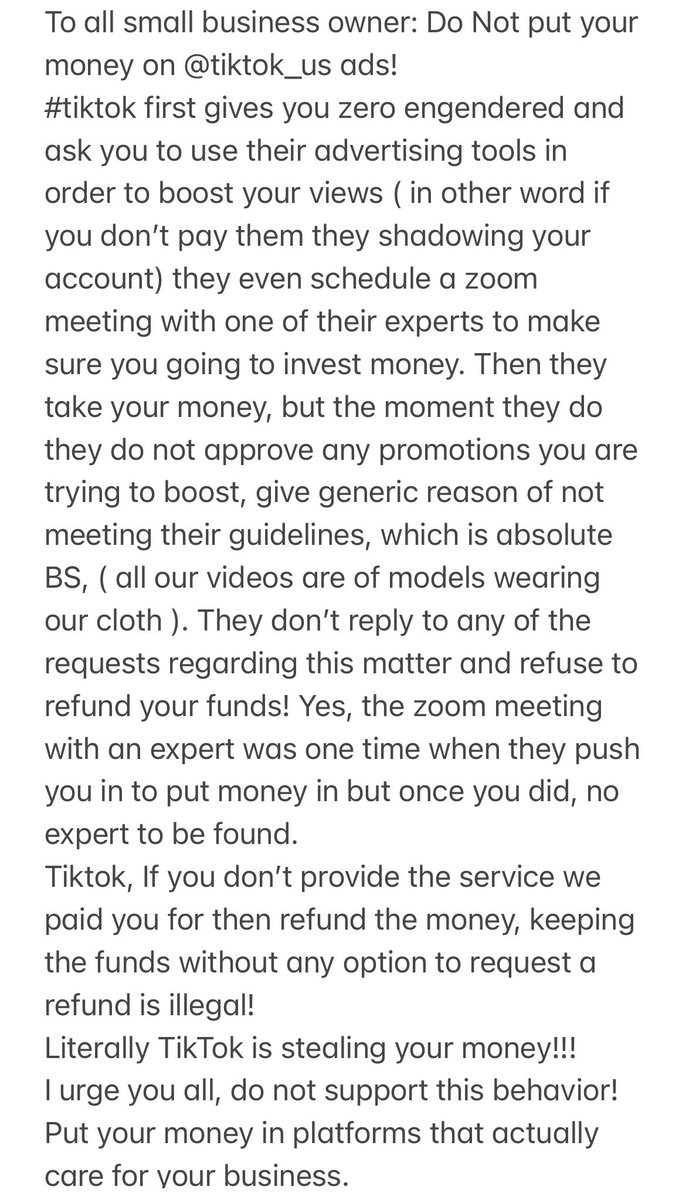 RoyFireNewYork's tweet photo. To all small business owner: Do Not put your money on @tiktok_us ads! #tiktok is the new bullies! Put your money in actual platforms that care about you and your business not just steal your money! @TikTokSupport @tiktokcreators Read about our bad experience: https://t.co/T81GYZjJPz
