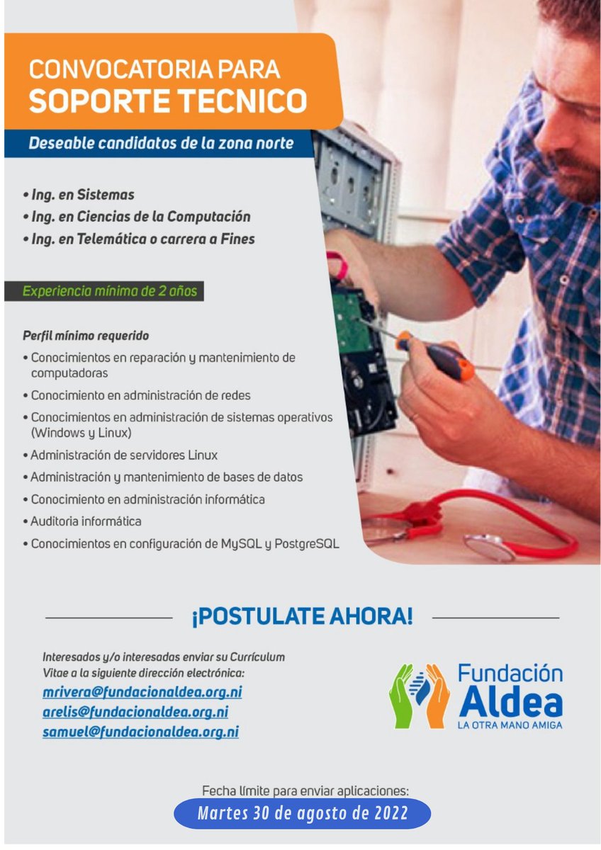 FundacionAldea's tweet photo. Fundación Aldea requerimos incorporar tus habilidades para ser parte de nuestra familia.Sí tu experiencia incluye todo lo enlistado en el anuncio,envíanos tu CV a los correos: mrivera@fundacionaldea.org.ni / arelis@fundacionaldea.org.ni/ samuel@fundacionaldea.org.ni https://t.co/lfQKFRECWJ