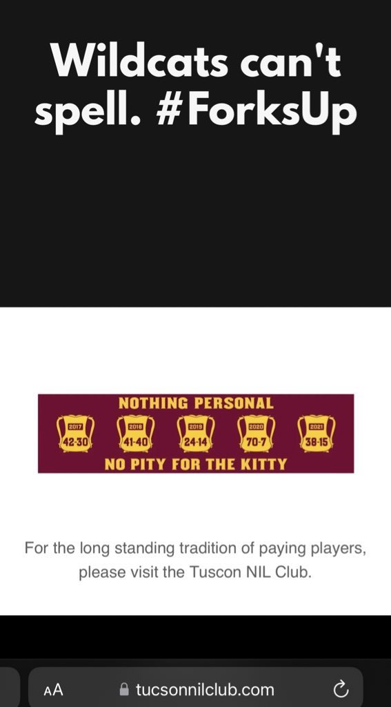 ralphamsden's tweet photo. It seems as if University of Arizona’s NIL Club accidentally spelled Tucson wrong when registering the fundraising website so a savvy Sun Devil bought the correct domain to troll the Wildcats.

Pretty funny if it’s real.

https://t.co/7ceAtnCtTm
https://t.co/RzF6YRKZk5 https://t.co/hbeowIB4zX