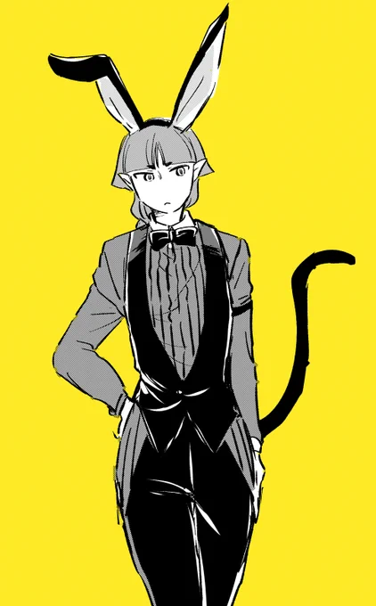 今日のらくがきもしかしておぺらさんもいつもの服をちょっとアレンジしたら男性バニー風になるのではと思って着せた 