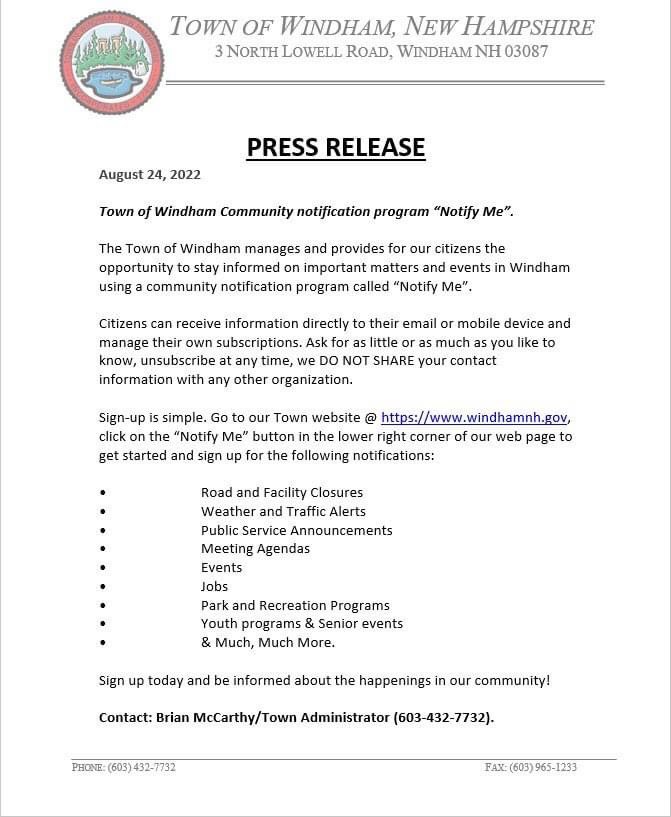 WindhamFD's tweet image. Windham Residents, stay informed by joining “Notify Me”. Visit the town website at windhamnh.gov