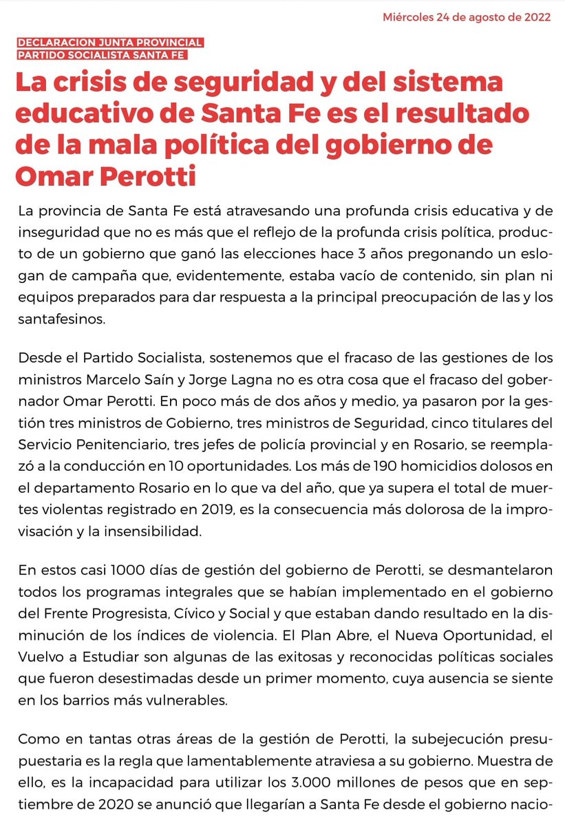 laucorgniali's tweet photo. Desde el @pssantafe manifestamos nuestra preocupación por la situación de la educación e inseguridad en nuestra provincia. La gestión de @omarperotti desmanteló programas integrales implementados con el #FPCyS que daban resultado en la disminución de los índices de violencia (+) https://t.co/cDHode0s4z