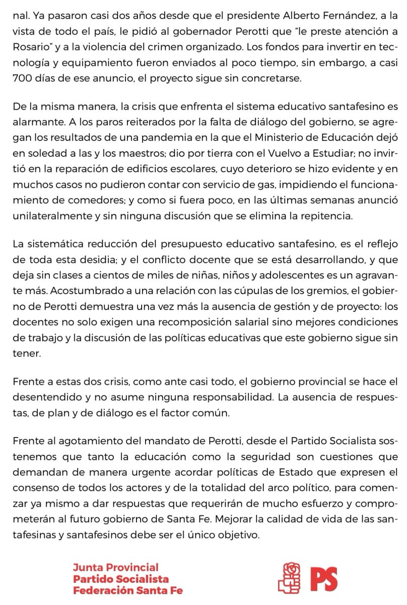 laucorgniali's tweet photo. Desde el @pssantafe manifestamos nuestra preocupación por la situación de la educación e inseguridad en nuestra provincia. La gestión de @omarperotti desmanteló programas integrales implementados con el #FPCyS que daban resultado en la disminución de los índices de violencia (+) https://t.co/cDHode0s4z