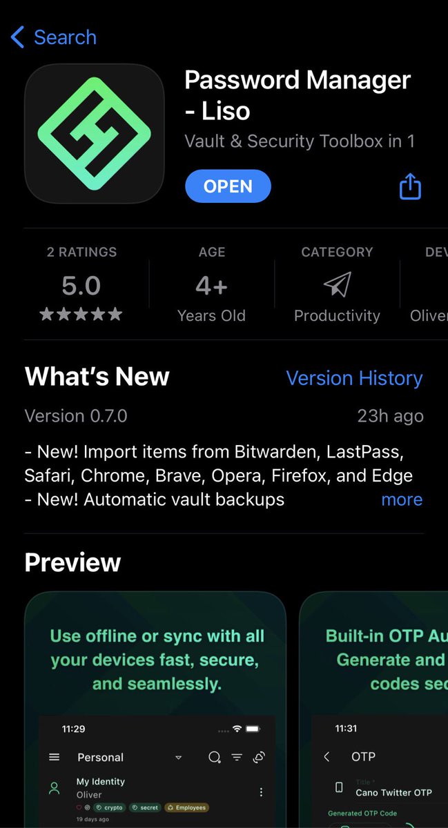 Liso v0.7 is now also out for iPhone, iPad, and Mac 🚀 For anyone looking for an alternative password manager + files vault + file encryption tool, and 2FA manager in 1.Try out Liso without even signing up! And it’s FREE!👉liso.dev