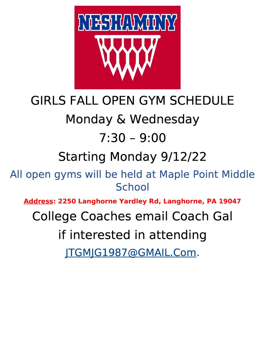 Neshaminy High School Girls basketball will be conducting Fall Open Gyms starting 9/12/22.  Any high school girl interested in playing basketball is welcome to attend.  @solsports @NeshSkinsNation @neshacademy <a href="/Neshaminy_SD/">Neshaminy School District</a> <a href="/Neshaminy/">Neshaminy High School</a>