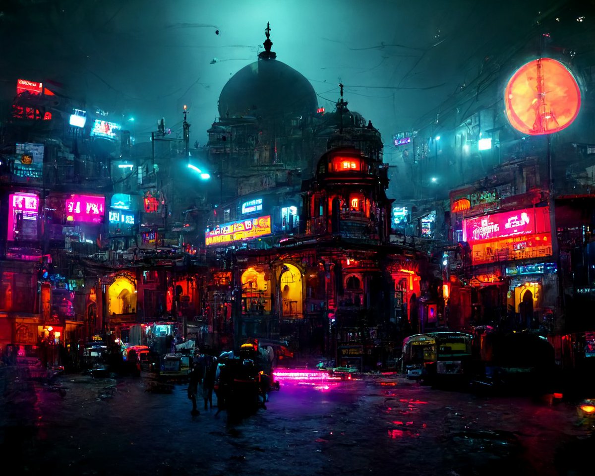 Old Delhi in the future (2077). 
AI-generated art in less than a minute. 🥲
#midjourney #midjourneyAi #aigeneratedart