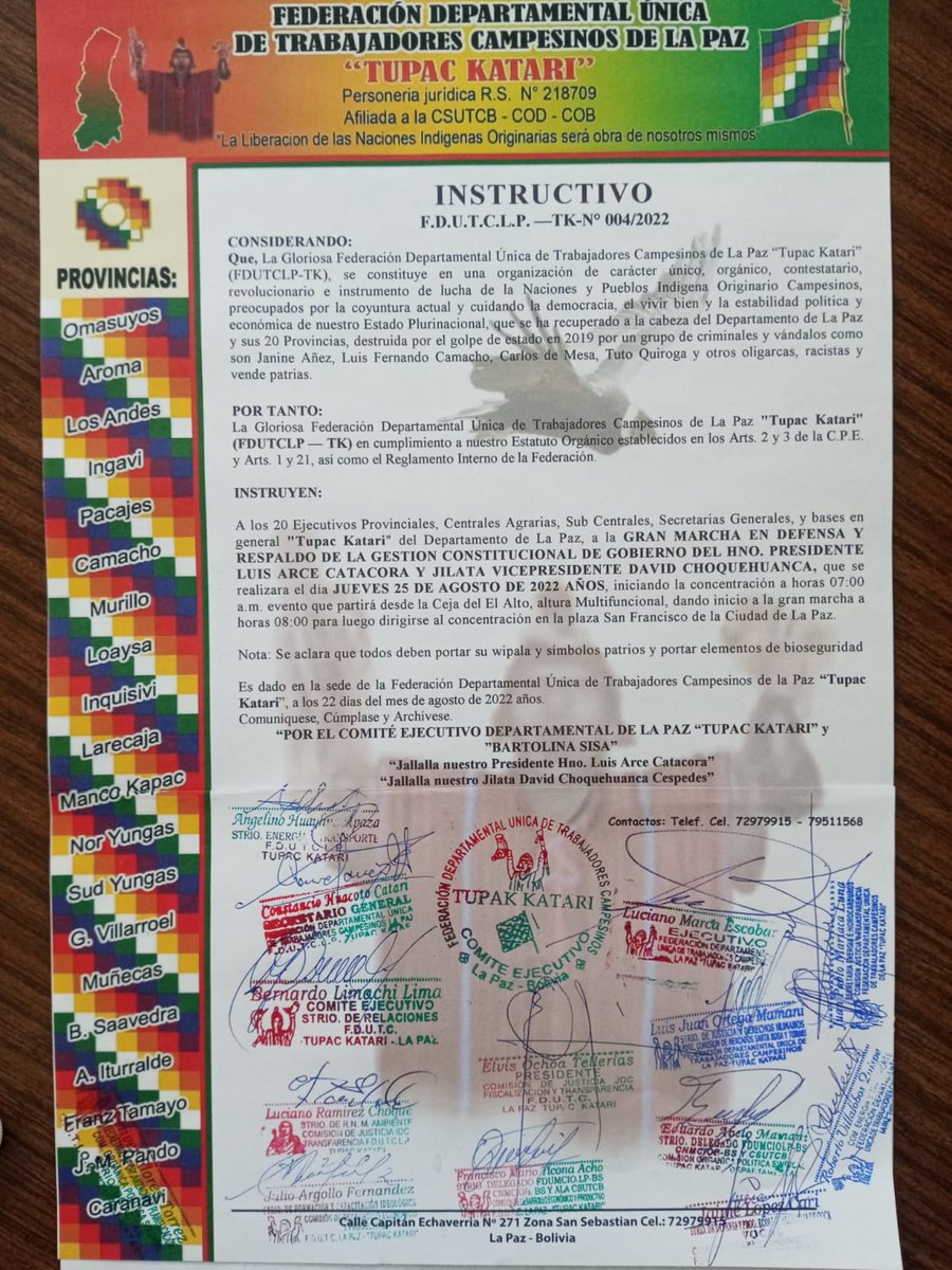 #BTVInforma
La Federación Departamental Única de Trabajadores Campesinos de #LaPaz “Tupak Katari” convoca a sus bases a participar en la marcha en defensa y respaldo a la gestión de Gobierno del presidente <a href="/LuchoXBolivia/">Luis Alberto Arce Catacora (Lucho Arce)</a> que se realizará este jueves, 25 de agosto.