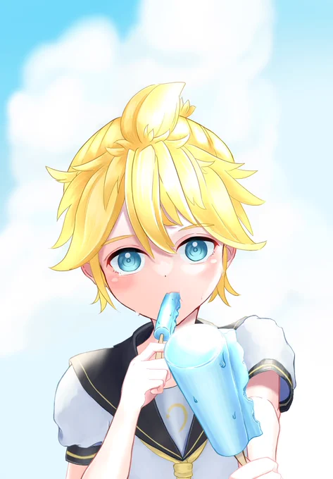 RiNさんのレンくん!ソーダのアイスを半分こしてくれる…とっても優しい!キュンとしてしまいます➳ ( ˙-˙=͟͟͞͞)【】 #piapro #鏡音レン 