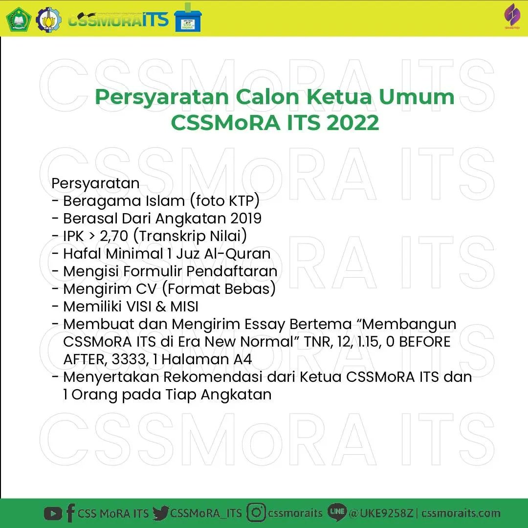 CSSMoRA_ITS's tweet photo. Pendaftaran Ketua Umum CSSMoRA ITS telah dibuka! 
Segera Daftarkan Diri Anda dengan Lengkapi Syarat dan Berkas-berkasnya !

CP : +62 812-4587-2496 (Lidiya)

#NEXTLEADER
#KPUCSSMoRAITS
#Pemilu2022
#2022GantiKetum
#CSSMoRAITS https://t.co/nSg6vLJFYI