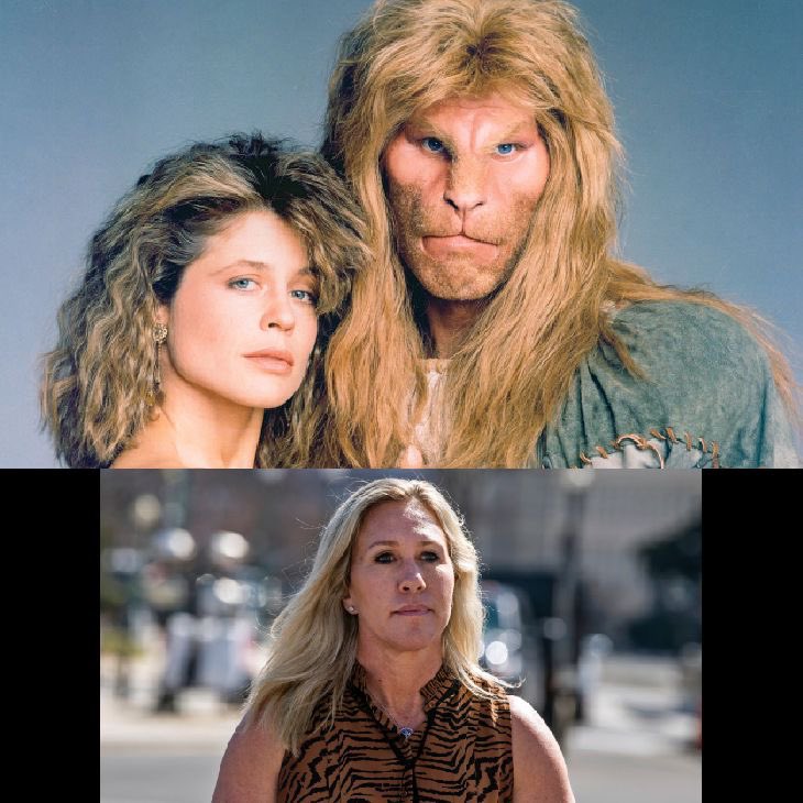 JohnnyWhalecock's tweet photo. Marjorie Taylor Greene looks like the child of Linda Hamilton and Ron Perlman's "Beast." https://t.co/251M6PeNOK