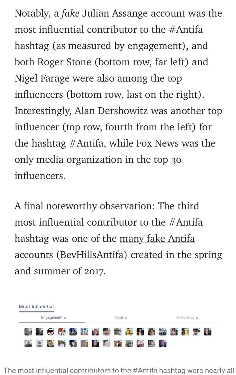 19/ In Summer 2017, “a fake Julian Assange account was the most influential contributor to the #Antifa hashtag … & both Roger Stone (bottom row, far left) & Nigel Farage were also among the top influencers (bottom row, last on the right).” - @rvawonk link.medium.com/AYR37lGWrsb