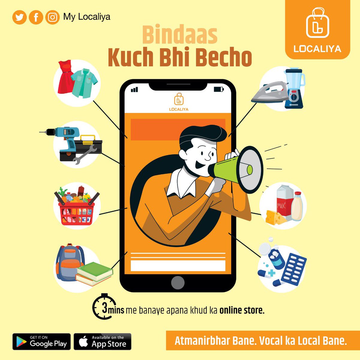 MyLocaliya's tweet photo. Bindas Kuch be Becho on Localiya Digital Marketplace. Apna store banaye sirf 3 minutes me. Only Rs. 99/Year &amp; minimum service charge per order (0- 10 Rs). Wo bhi 6 months free. 

#resturantbusiness #smallbusiness #vegitablesoup #clothshop #thela #tapri #teastall #stall #Localiya https://t.co/1Cm9Vl4c7a