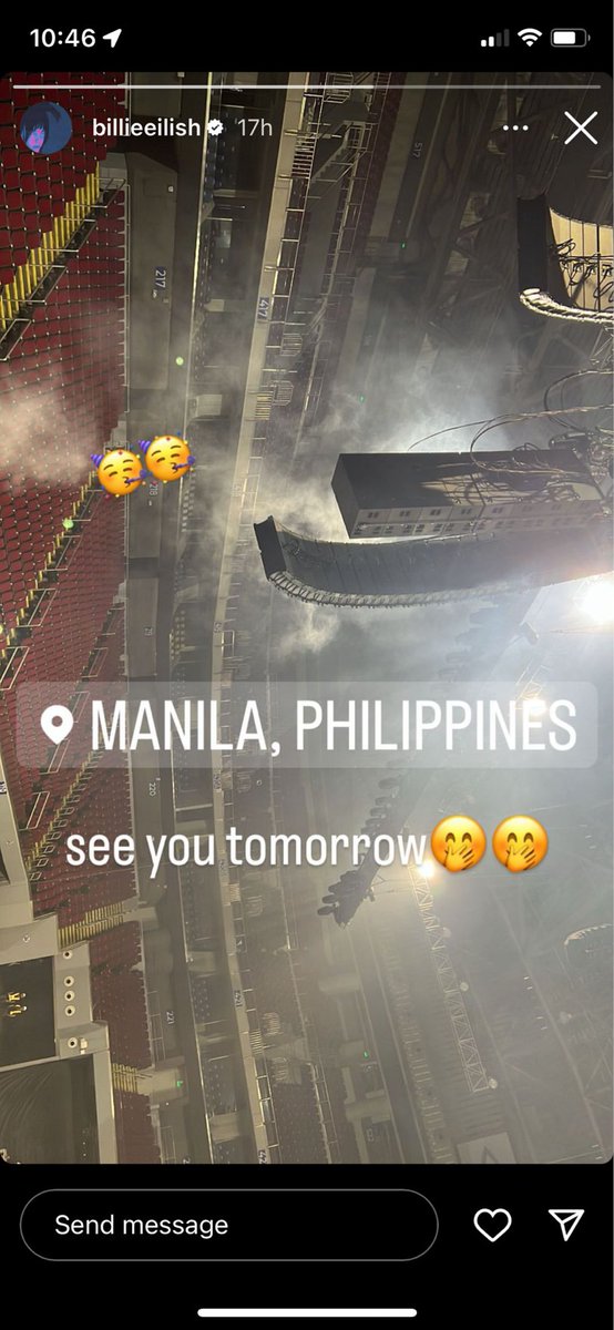 ABSCBNNews's tweet photo. See you, Billie!

Multiple Grammy winner Billie Eilish posts a sneak peek of her concert's set-up on her Instagram, teasing fans that she has landed in Manila Friday night. Eilish is set to perform for her 'Happier Than Ever, The World Tour' Saturday at the Mall of Asia Arena. https://t.co/FP2EKT3beq