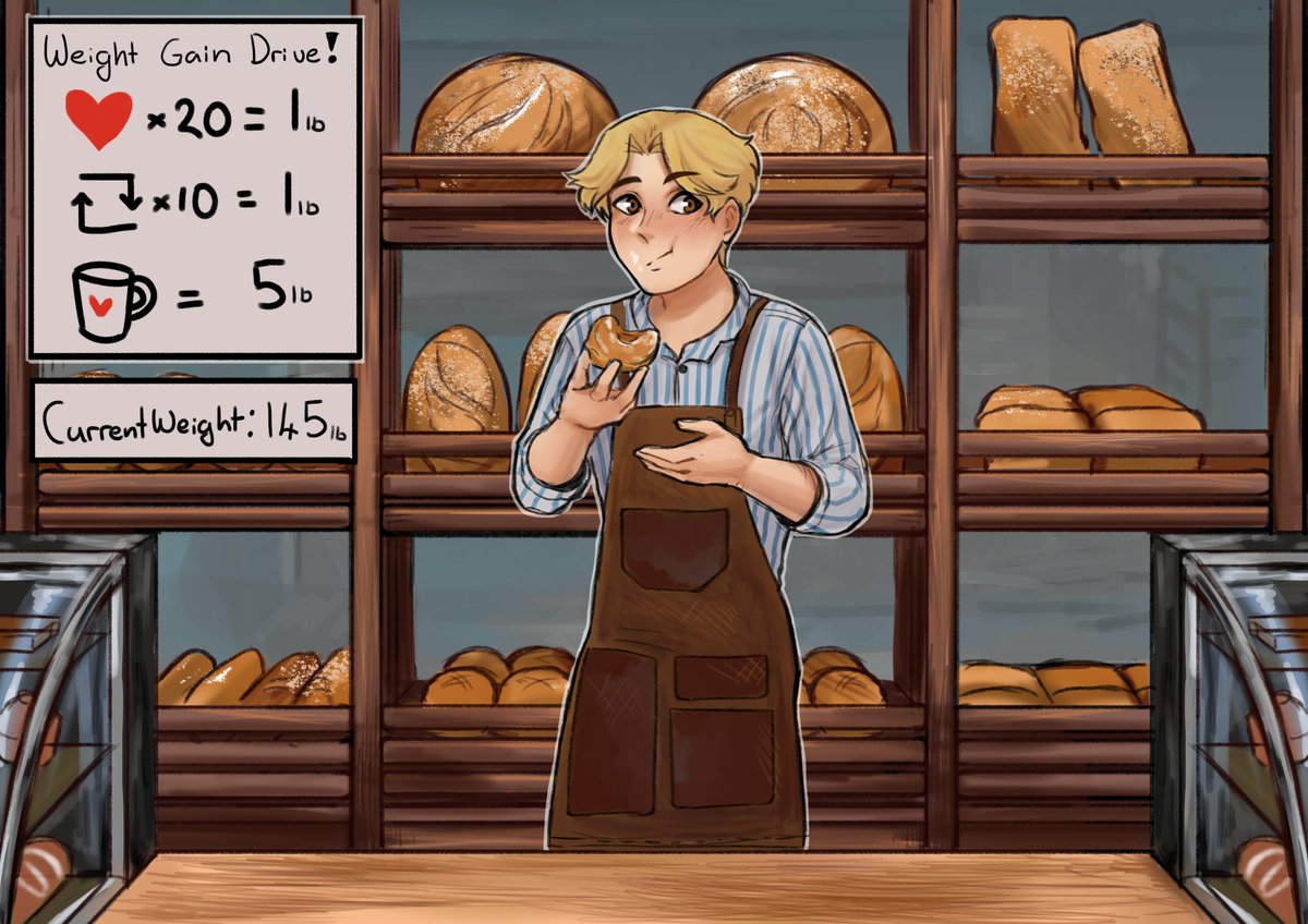 4K weight gain drive part 1/4
Thank you so much for 4k!!! 😭
(I've set the amounts quite low so we can hopefully get a range of sizes)
Liam has just started a new bakery job... how is anyone suppose to resist all the delicious treats while on shift!?!?!
ko-fi.com/blueiceing