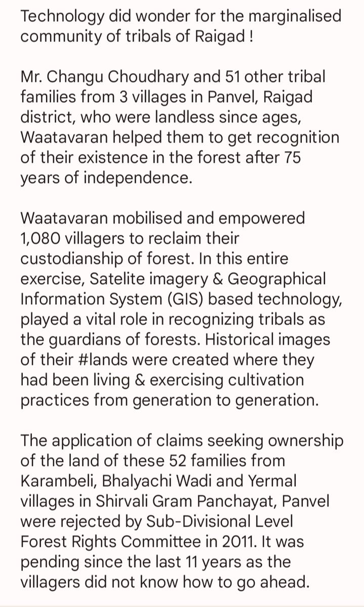 waatavaran's tweet photo. This is how technology has helped 52 tribal families from 3 villages in Raigad district to file a petition regarding their Individual Forest Rights (IFR) claims. Their claims were rejected in 2011. Waatavaran used satellite imagery based tech to help them.
#FriendsOfForest https://t.co/aAEKyH3bdN