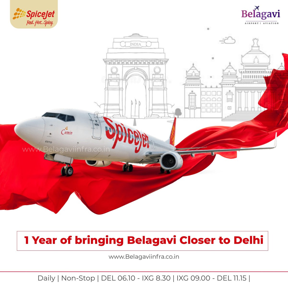 BelagaviAirport's tweet photo. Join us in congratulating Red. Hot. Spicy Airline @flyspicejet on completing one year of operations between #Delhi &amp; #Belagavi. 

@flyspicejet | @DelhiAirport | @aaiblgairport | @ushapadhee1996 | @JM_Scindia | @AAIRHQSR https://t.co/AjmvqTKxz8