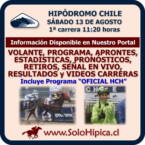 solohipica's tweet photo. HIPÓDROMO CHILE (1ª a las 11:20 horas) Disponibles Programa PDF, Pronósticos, Retiros FS, Señal en Vivo para Sábado 13 de Agosto en https://t.co/R7Q8zLOmrh #solohipica #HipódromoChile #ProgramaPDF #PronósticosHípicos #RetirosFS #SeñalEnVivo #CarrerasDeCaballos #Hípica #Turf https://t.co/yOuVQv31S6