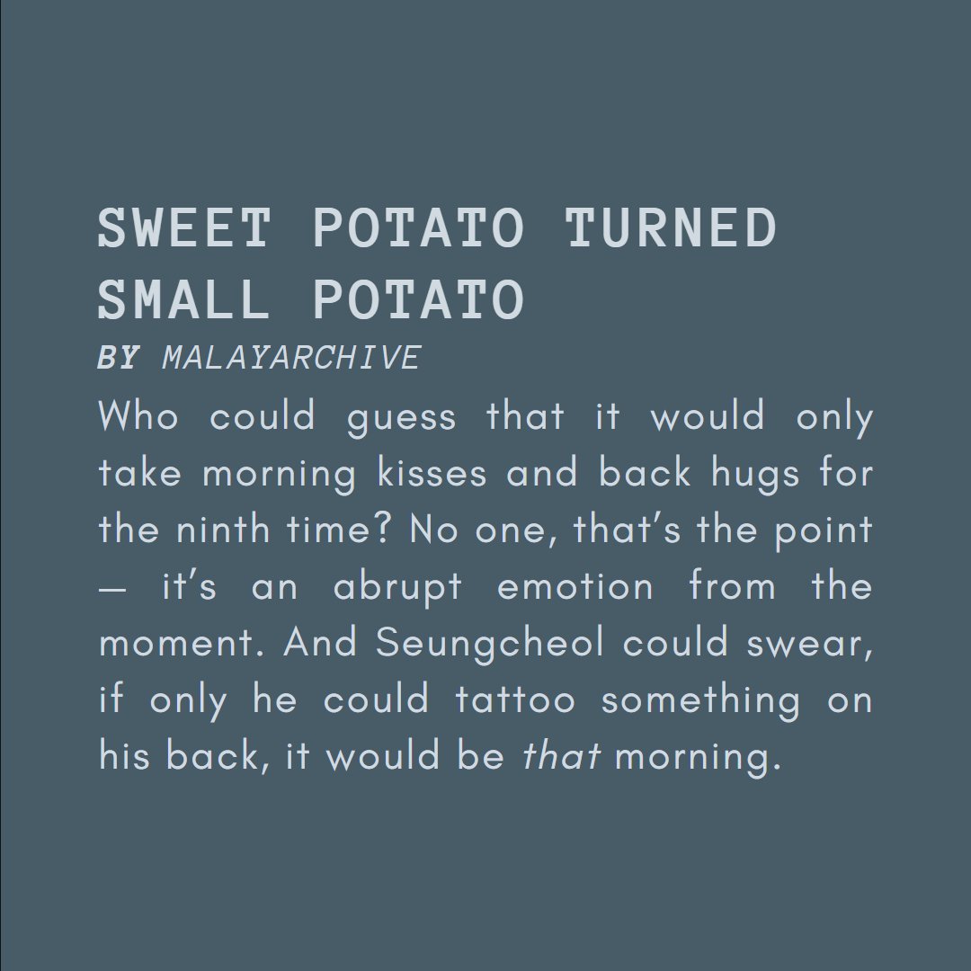 malayarchive's tweet photo. sweet potato turned small potato (english)
t | coupjeong | 1.9k words | domestic fluff
— a fic entry for #JCFF_ToInfinityAndBeyond
#JCFF_OneShots
link! https://t.co/WKT9WqvqPg https://t.co/DA86TPOaRr
