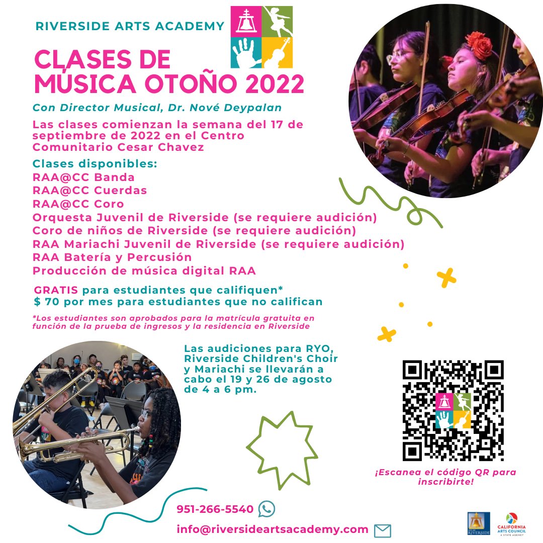 Our Fall 2022 music classes begin the week of September 17 and enrollment is NOW open. Go to RiversideArtsAcademy.com/Enroll to sign up for our fall semester. We have amazing classes available for Riverside students. View the flyer or go to our website for more information.