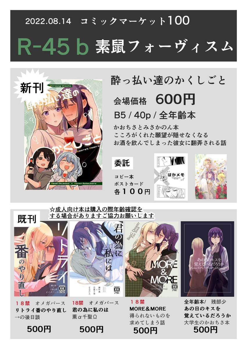 コミケ明日参加ですがよろしくお願いします〜!
お品書き委託分増やしました!
自分のコピ本は今描いてるので間に合えば少数部持っていく予定です 