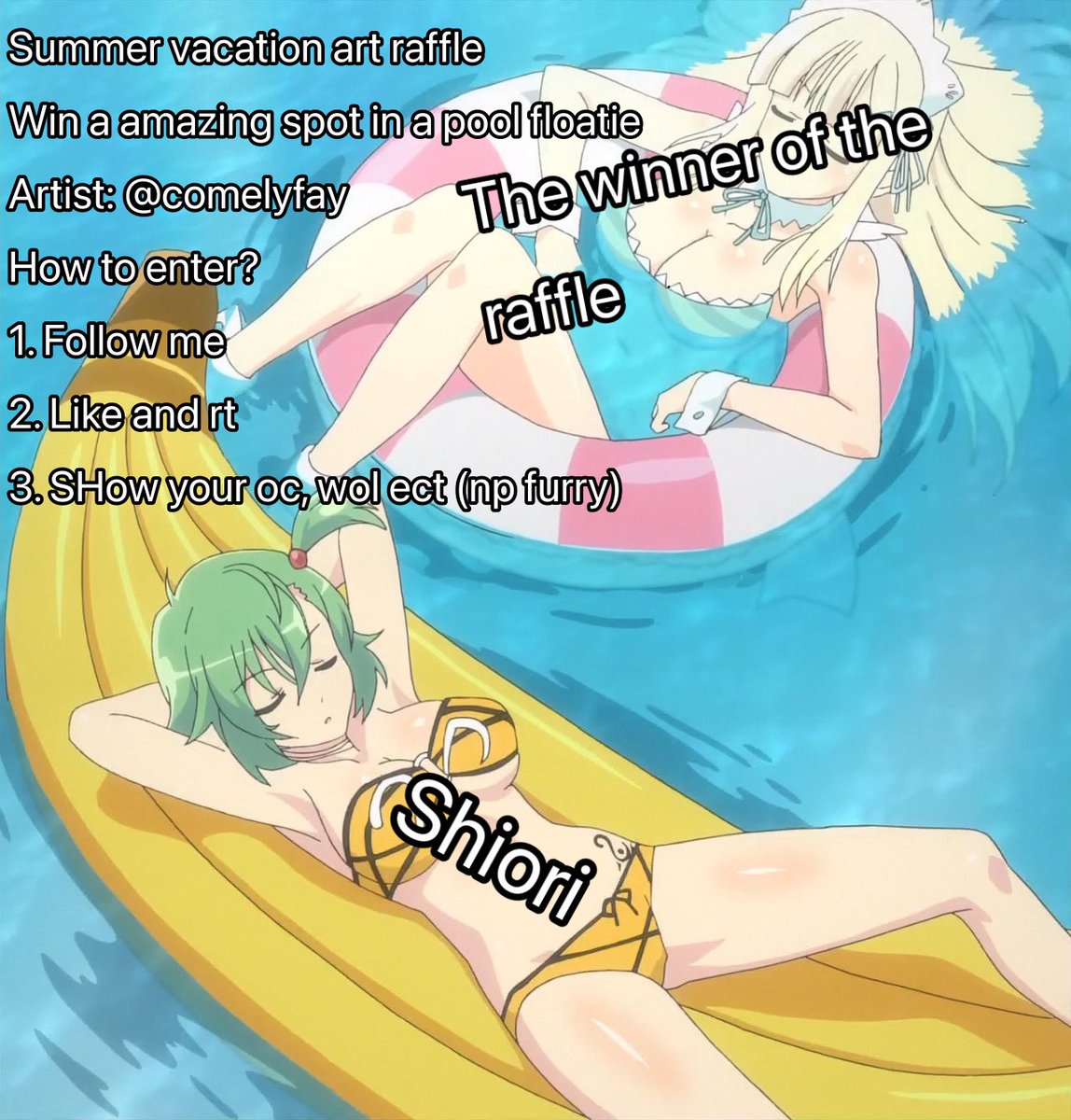 Summer vacation art raffle 
Win a lovely artwork made by <a href="/comelyfay/">Comelyfay🔞Commission OPEN</a> of you and shiori relaxing (nude/in beach wear?) on some floaties 

How to enter 
1. Follow me 
2. Like and rt 
3. Show your oc or wol (no furrys sorry) 

Raffle ends on augustus 15 
Good luck ❤️❤️❤️