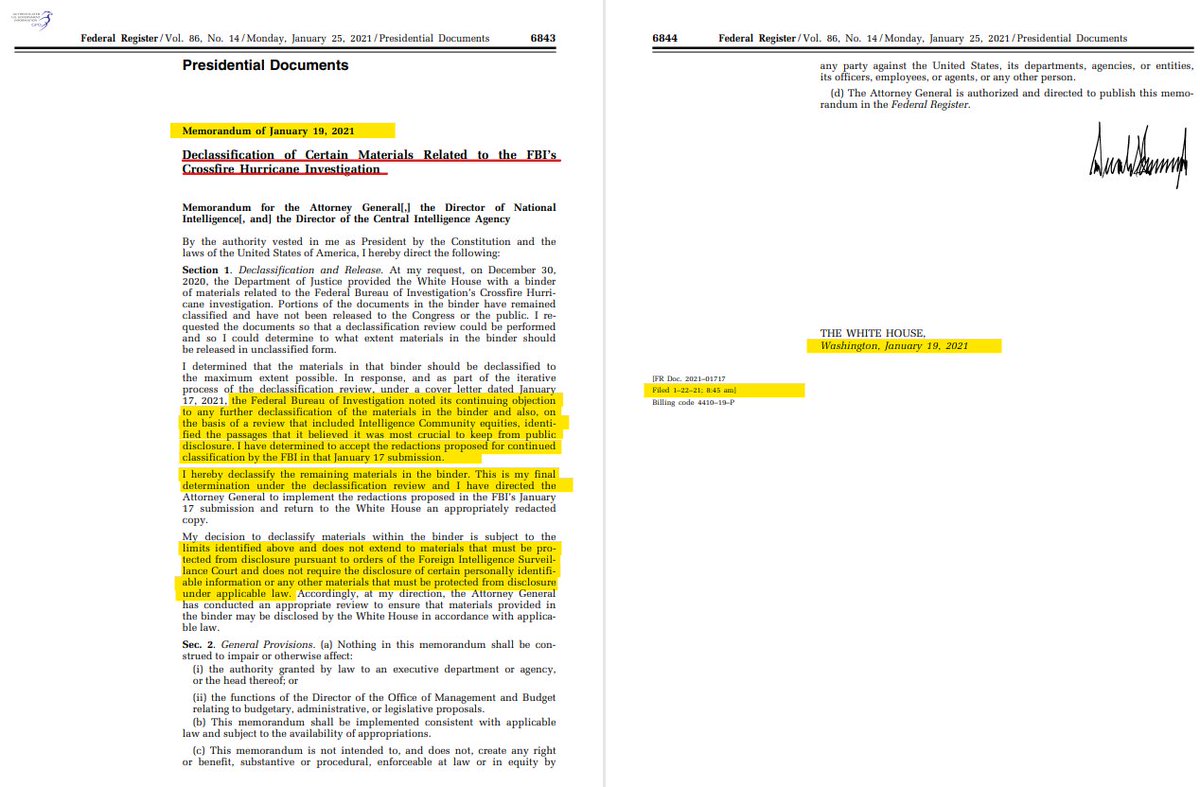 Memorandum of Jan 19, 2021

Declassification of Certain Materials Related to the FBI's Crossfire Hurricane Investigation

Memo for the AG, ODNI, CIA

*[BUT the words matter. Let's destroy their current defense propaganda. Shall we?]

Read the whole thread.
federalregister.gov/documents/2021…