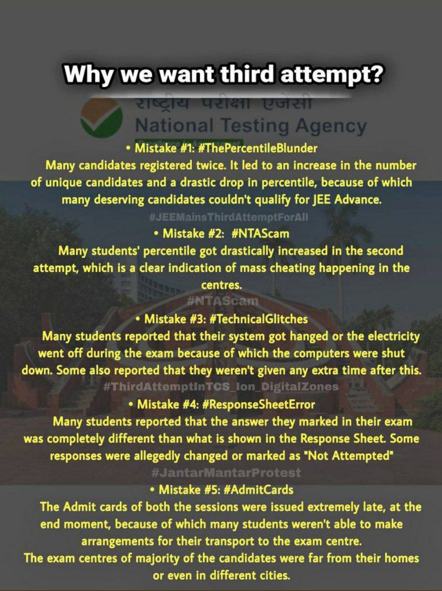 AIJNSA_official's tweet photo. Aspirants tried hard to explain all the issues to NTA but they ignored them. It had ruined future of many of aspirants. Bad conduction of exam to blunder in result, authorities miss management had destroyed students hardwork.

AIJNSA demands-
#JEEMainsThirdAttemptForAll https://t.co/sr91myzPXz