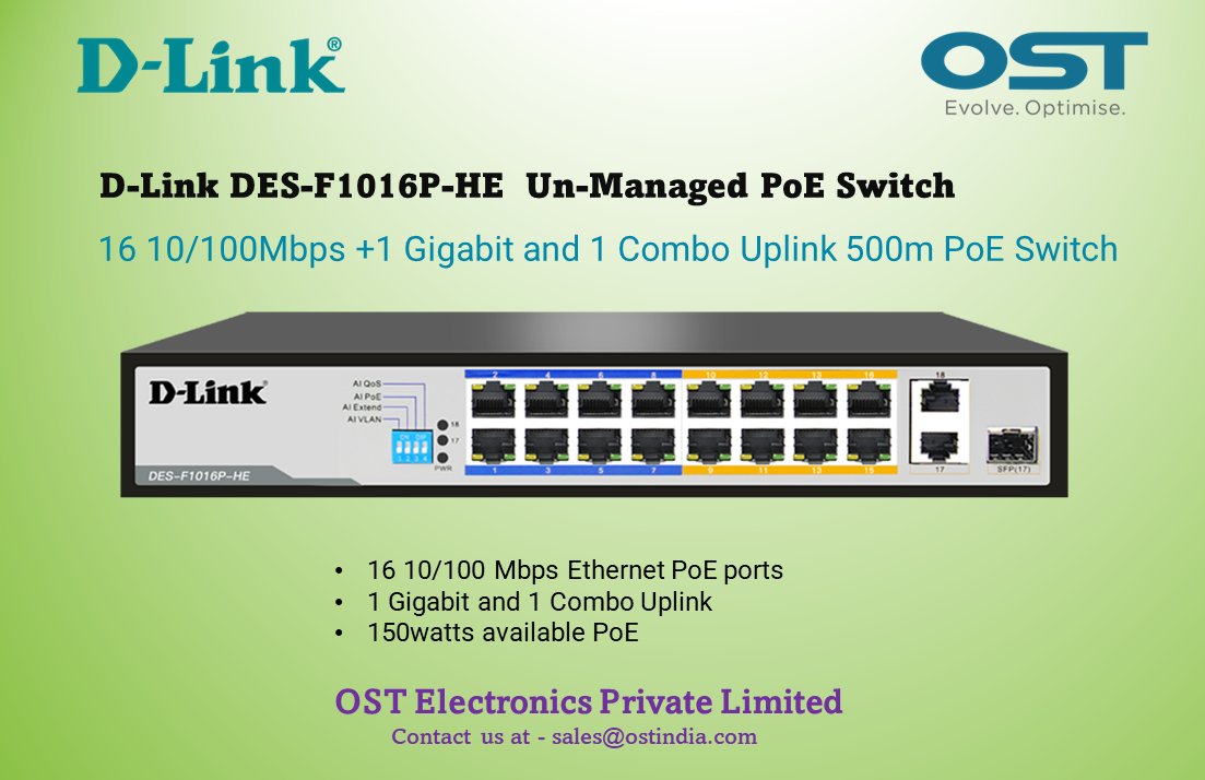 ostindiadotcom's tweet photo. Un-Managed PoE switch, 500M
D-Link DES-F1016P-HE
16 10/100Mbps +1 Gigabit and 1 Combo Uplink 500m PoE Switch
sales@ostindia.com
#networking #switches #Poe #DLink #ostelectronics https://t.co/0dhurIGQ7j