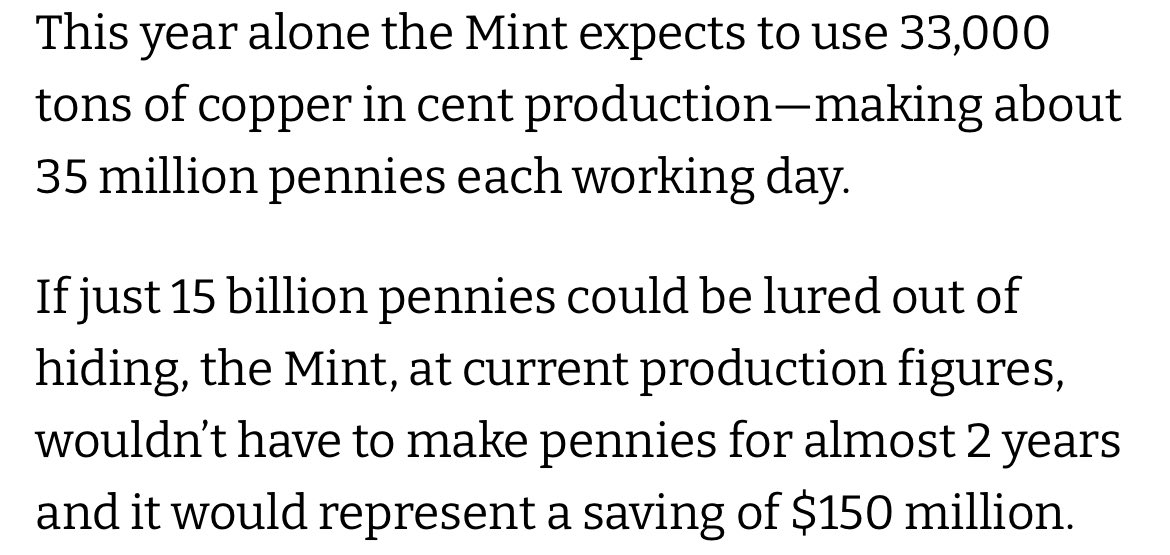 OnlyFacts317's tweet photo. A reminder that the penny costs 2 cents to make:
• The US Mint fought to keep it in circulation, even though it loses us ~$75million annually
• Their solution is for US citizens to find $150million worth of pennies &amp; put them in circulation
Lol #onlyfacts https://t.co/H5x4Qlg53p