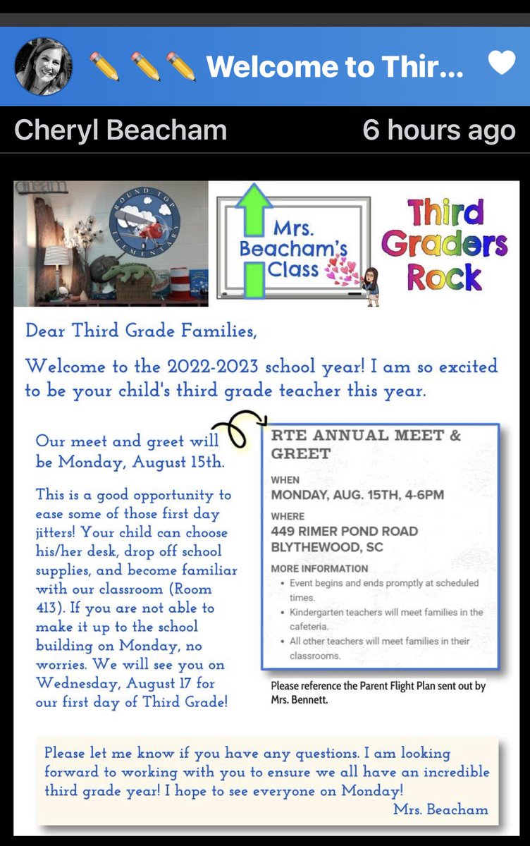 RTEFlightStatus's tweet photo. Parents: Meet & Greet is Monday, August 15th from 4 to 6 PM. BUT, you can meet your teacher early on Parent Square!!! Activate your account TODAY!!! @RichlandTwo @EDRoof @DrBaronDavis @rtepto #R2ACT ππΎππΎππΎ https://t.co/6Uim7OQpos