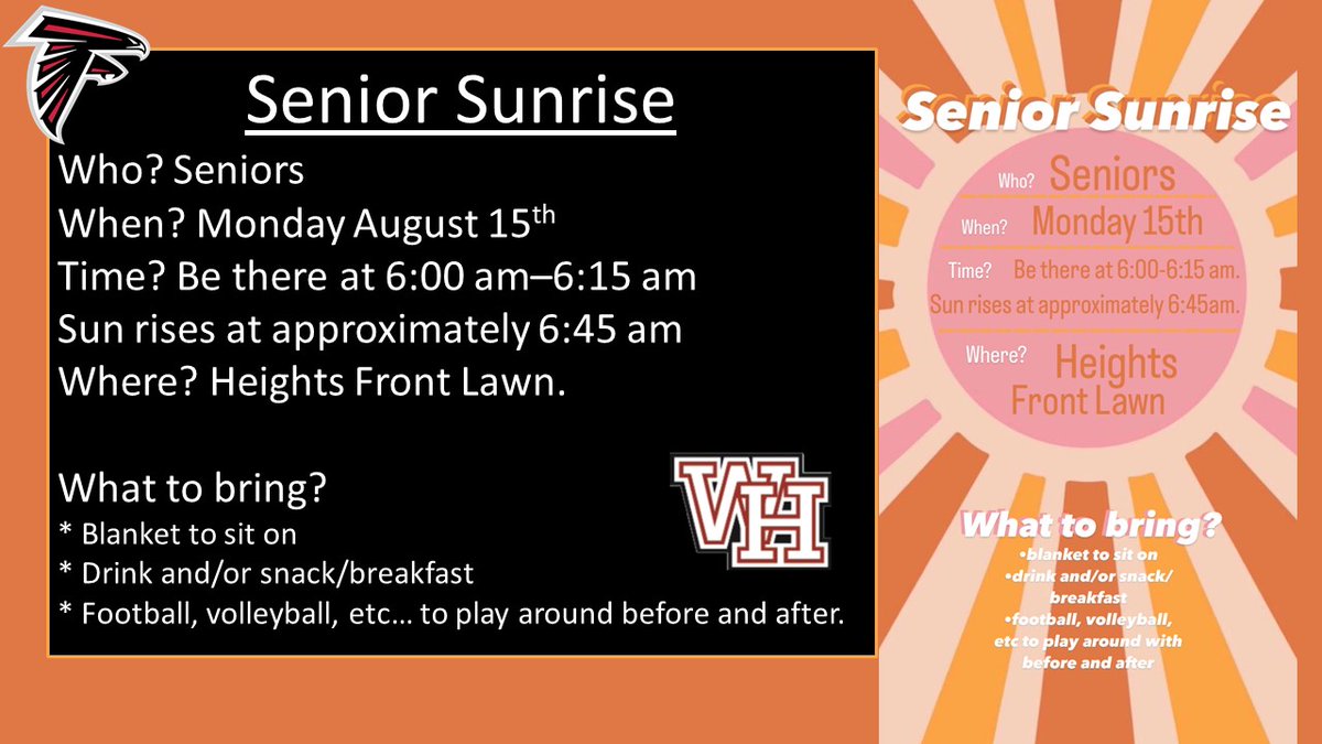 Senior Sunrise - Monday August 15th! Hope to see all Heights Seniors! <a href="/FalconFlip92/">WHtsPrincipal</a> <a href="/WichitaUSD259/">Wichita Public Schools</a> <a href="/WHtsMedia/">Wichita Heights Media</a>