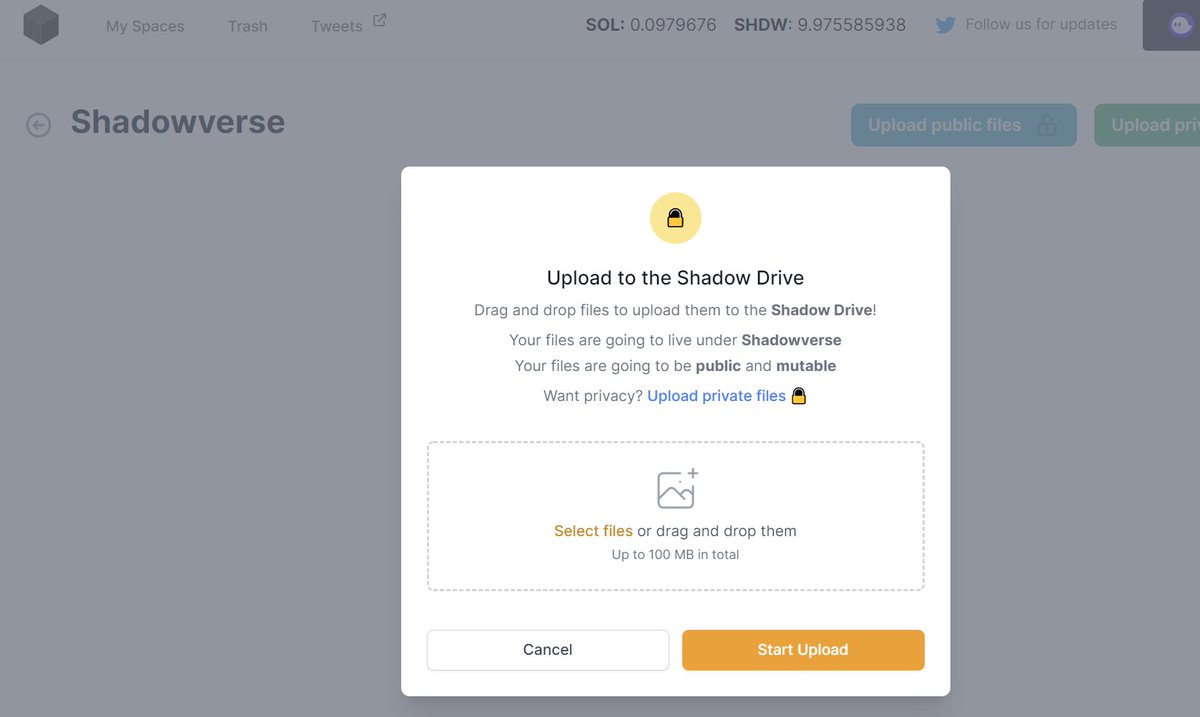 Just created my first decentralized storage space via <a href="/shadow_storage/">Shadow Storage</a> powered by <a href="/GenesysGo/">GenesysGo</a> SHDW Drive. Cost: 0.025 SHDW = $0.00875 for 100 MB. Crazy. Amazing to have minted SSCs at the beginning and see things get built! 🔥🔥🔥