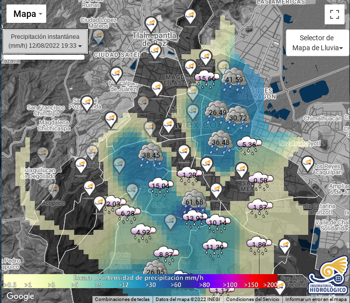 ohiiunam's tweet photo. Intensidad de lluvia 12/08/22 19:33hrs en:
XOCHIMILCO 11.39 mm/h y 12.22 mm
ARAGON 41.59 mm/h y 11.83 mm
CUEMANCO 10.14 mm/h y 9.73 mm
AJUSCO 26.05 mm/h y 4.96 mm
TOPILEJO 18.69 mm/h y 7.90 mm
PREPA5 61.68 mm/h y 10.52 mm
BALBUENA 26.49 mm/h y 0.00 mm https://t.co/qfhN4RsrkM